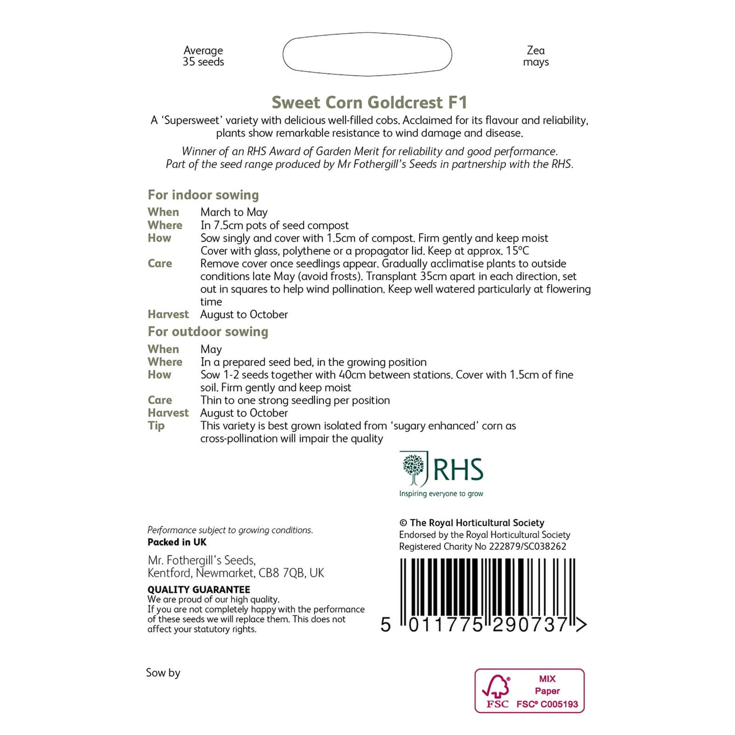 Mr Fothergill's RHS Vegetables Sweet Corn Goldcrest F1 Seeds Packet
