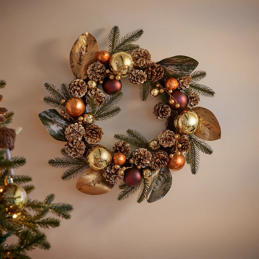 50cm Rustic pinecones & baubles Christmas wreath