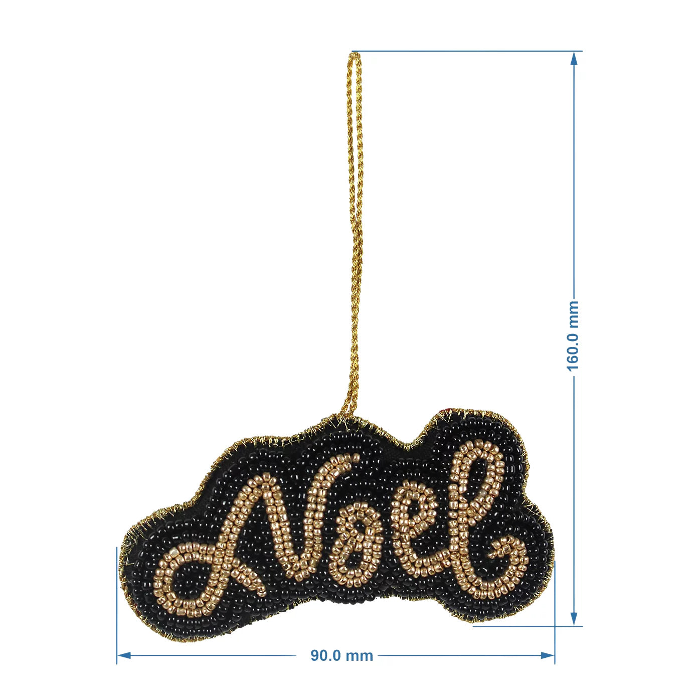 2 x Black & Gold Embroidered effect Noel Glass Hanging ornament