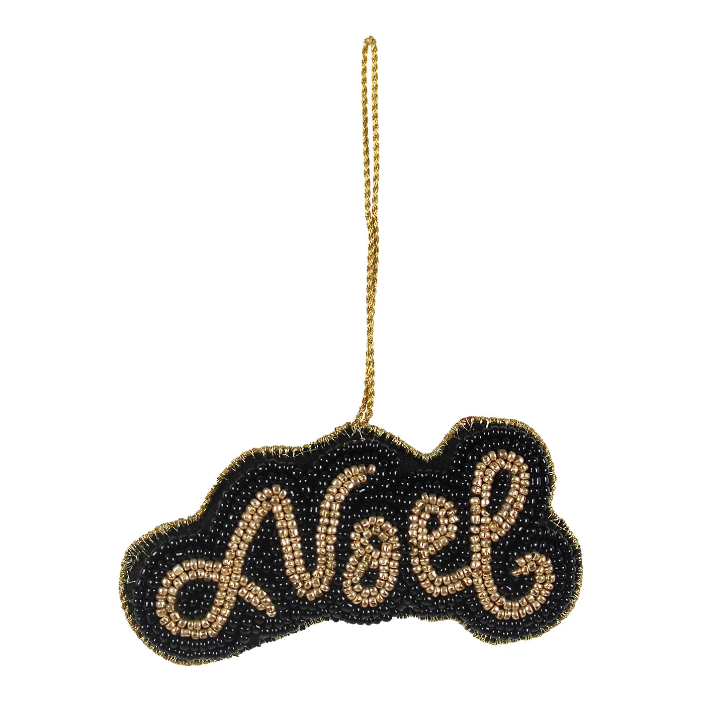 2 x Black & Gold Embroidered effect Noel Glass Hanging ornament