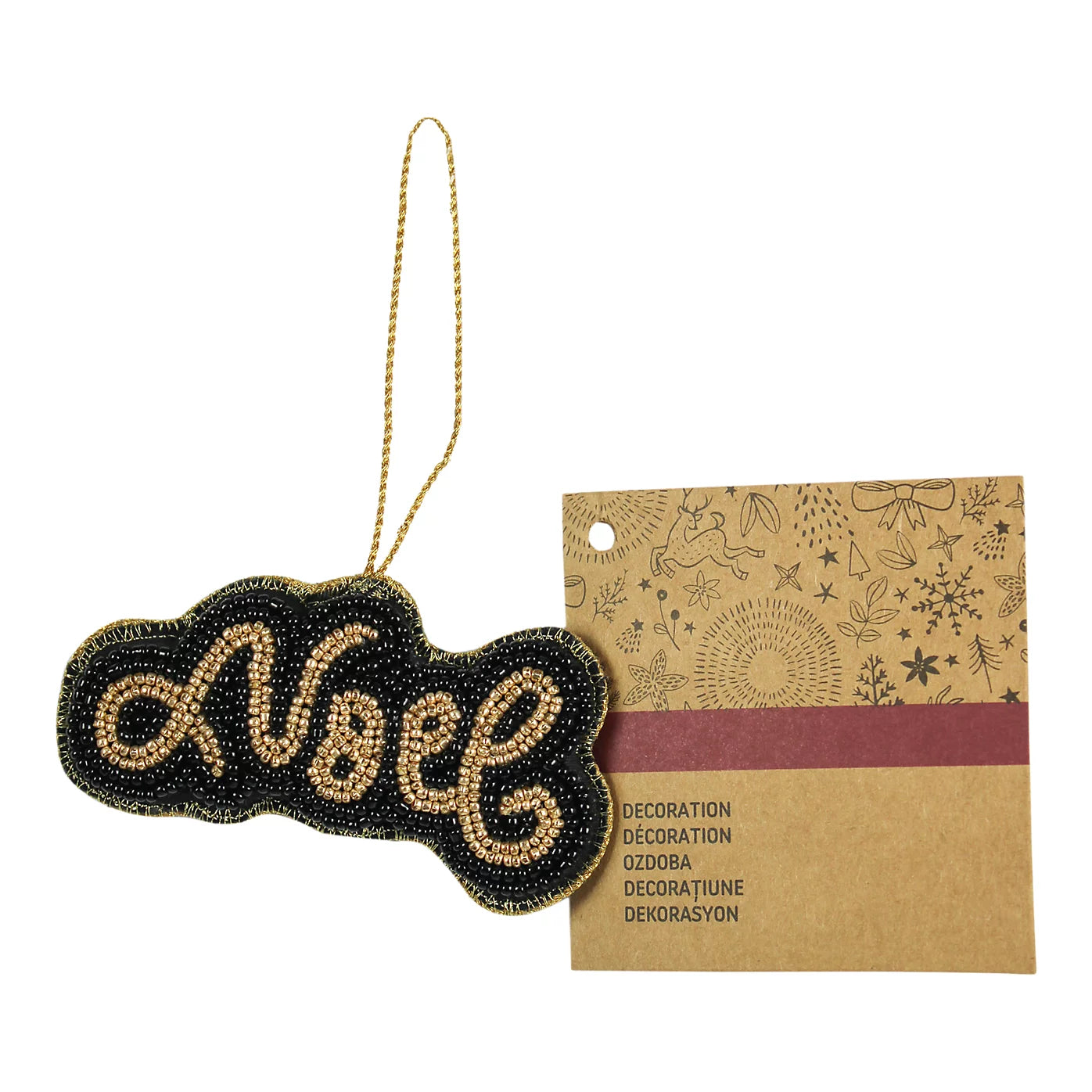 2 x Black & Gold Embroidered effect Noel Glass Hanging ornament