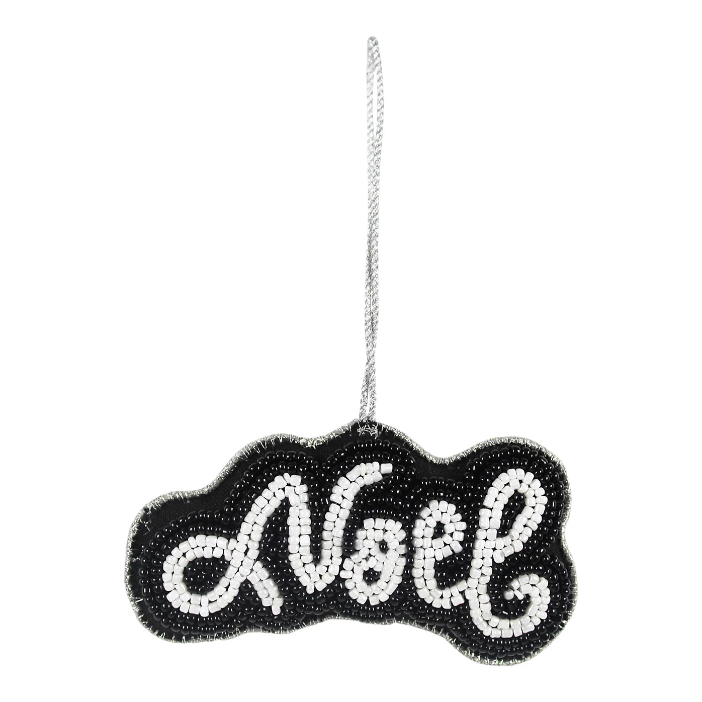 2 x Black & white Embroidered effect Noel Glass Hanging ornament
