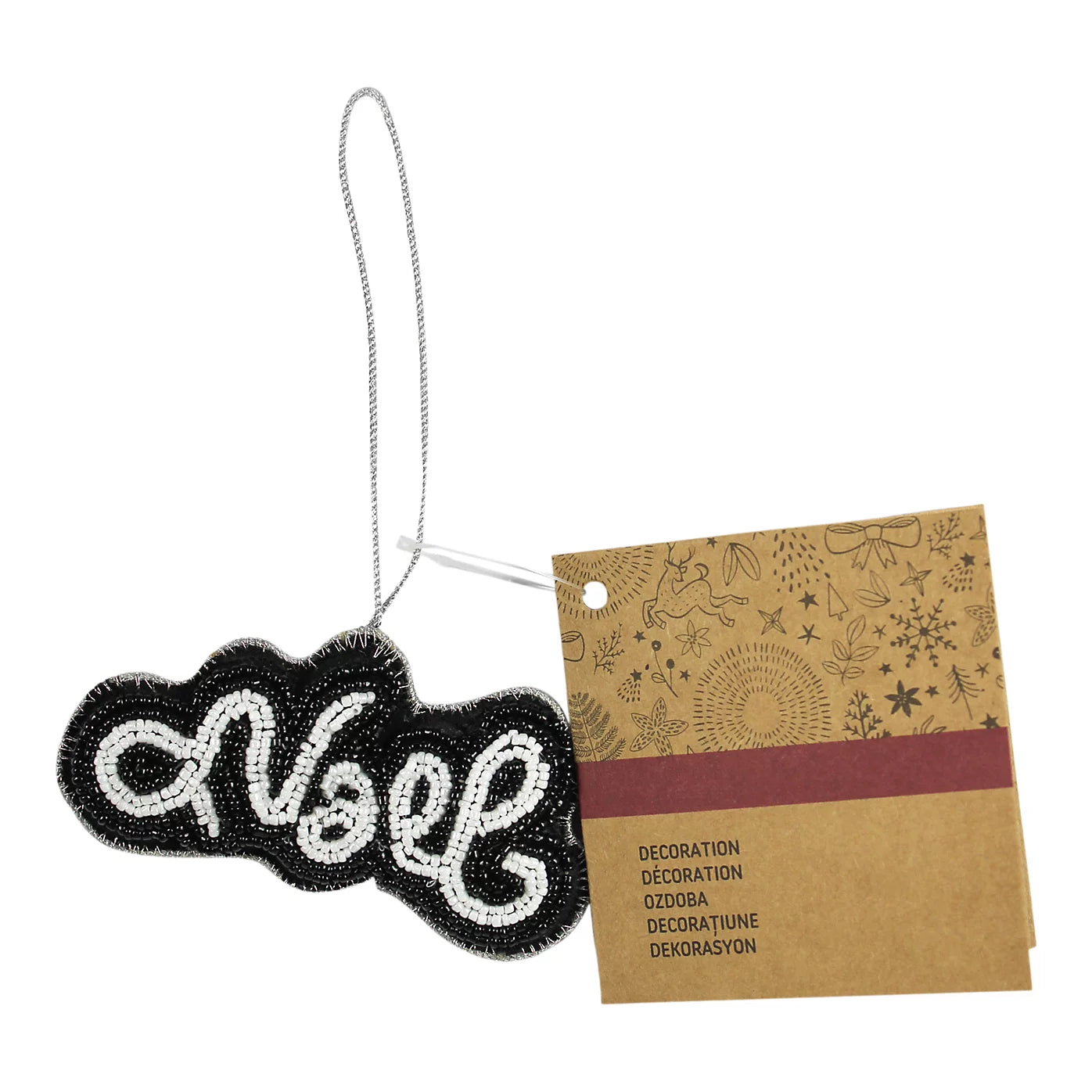 2 x Black & white Embroidered effect Noel Glass Hanging ornament