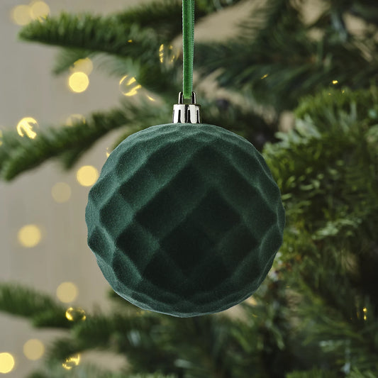 5 x Green Flocked effect Plastic Diamond Bauble (D) 80mm