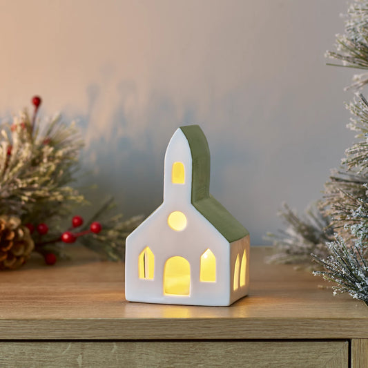 Warm white LED White & Green Church Christmas light (H) 130mm