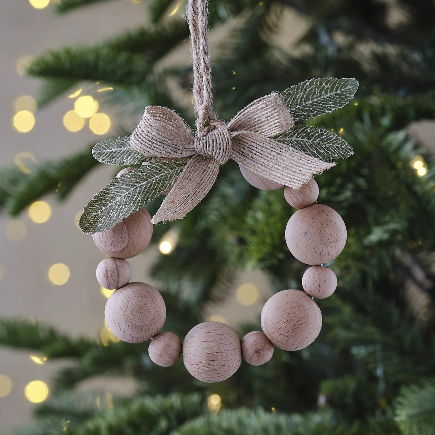 Natural Beads with leaf Metal & wood Round Hanging decoration (D) 100mm