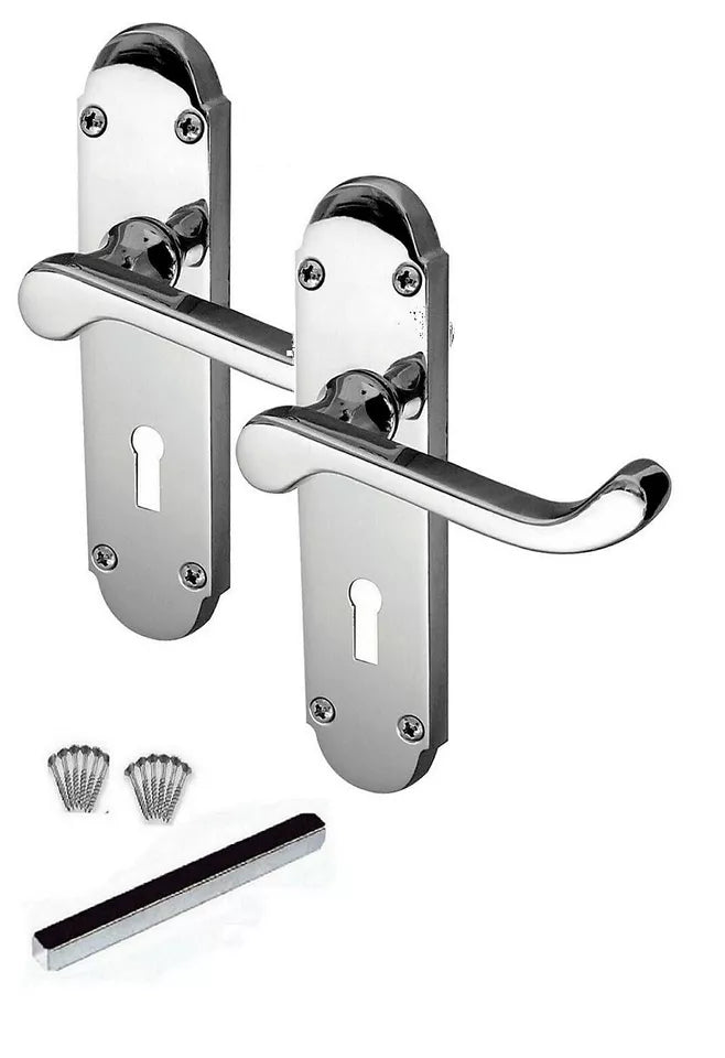 Door Handle Epsom Chrome Victorian Scroll on Shaped Back Plate Lever Lock Handle