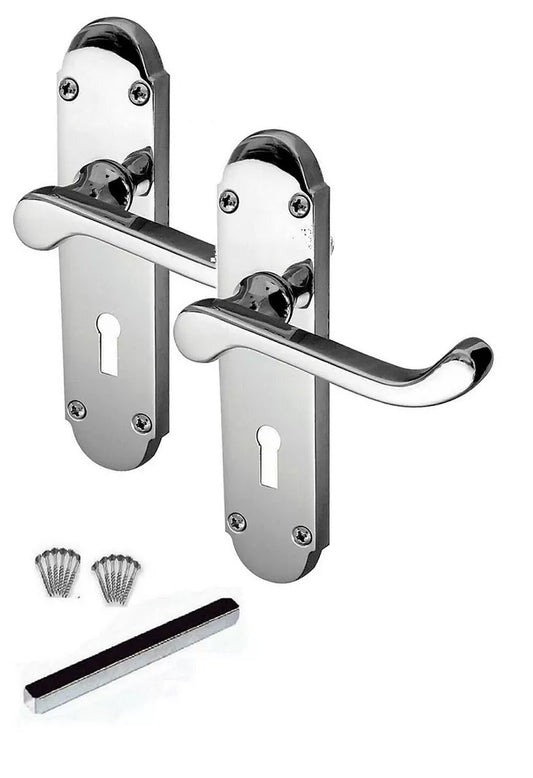 Door Handle Epsom Chrome Victorian Scroll on Shaped Back Plate Lever Lock Handle