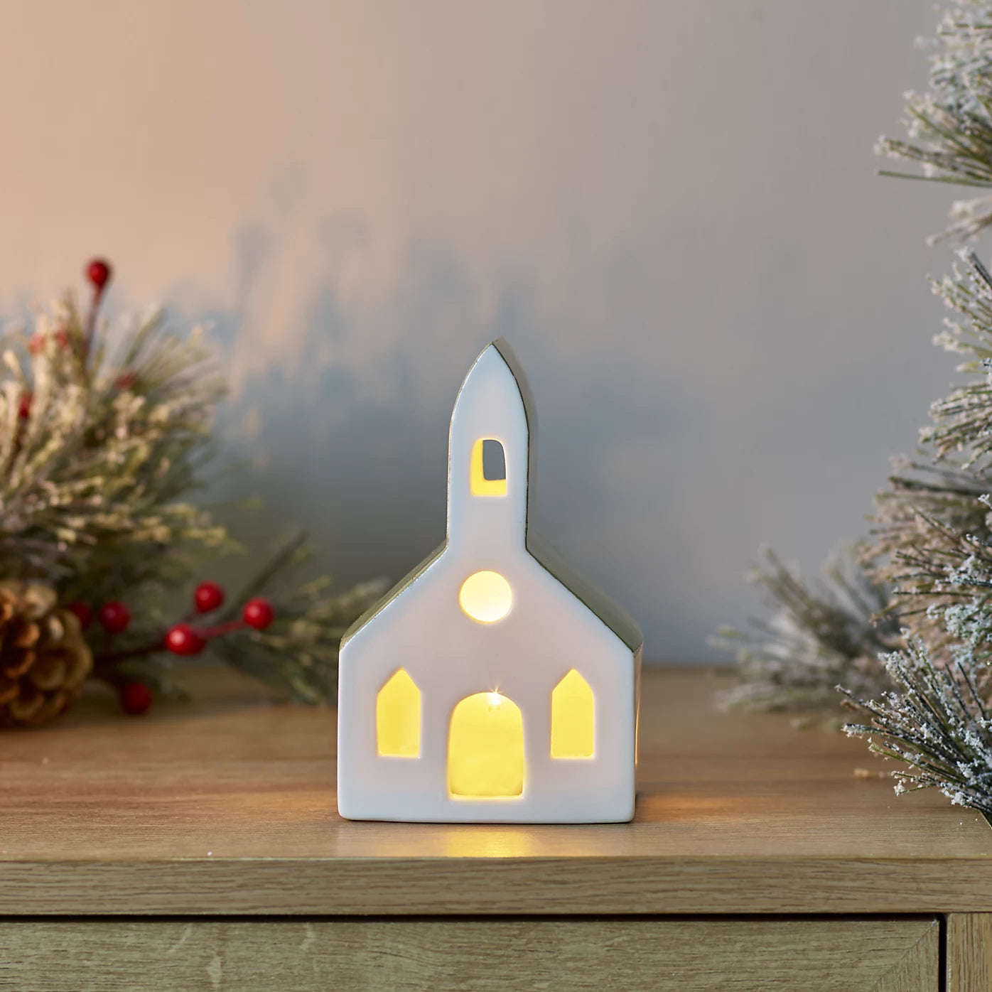 Warm white LED White & Green Church Christmas light (H) 130mm