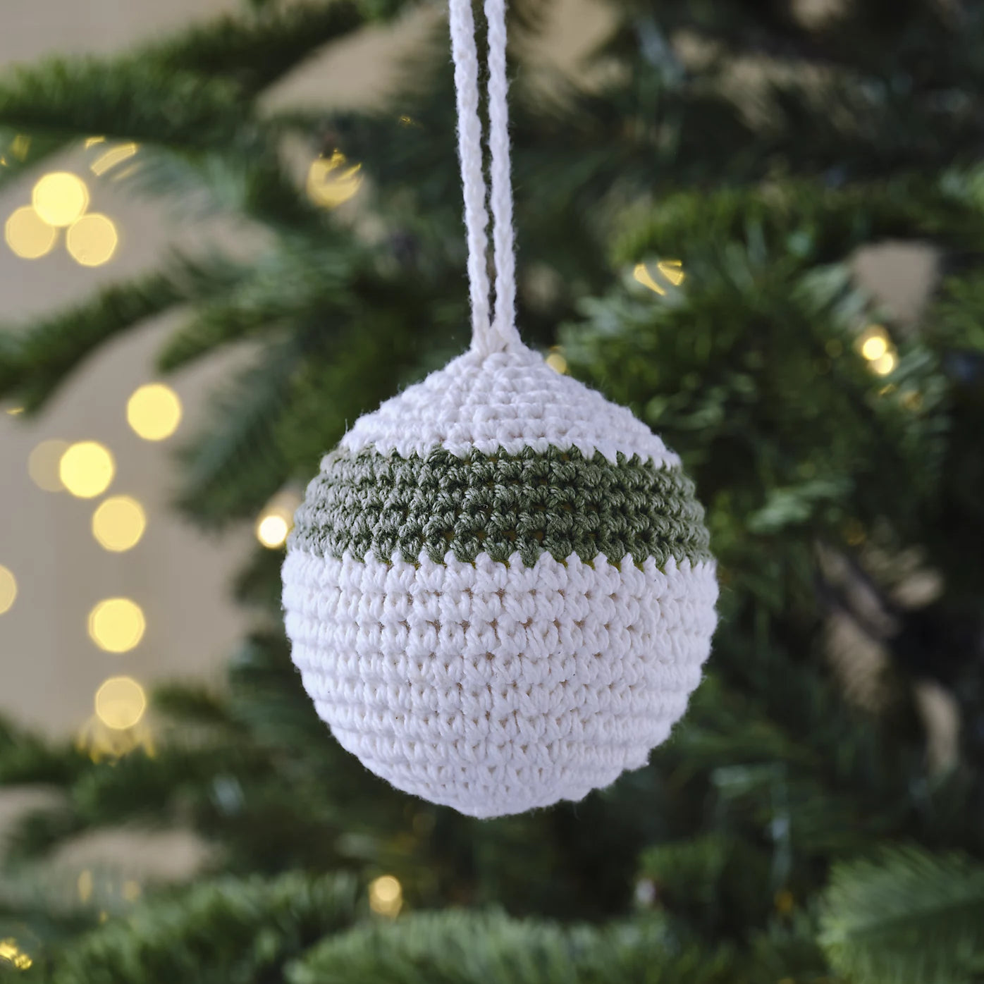 White & Green Crochet Cotton thread Round Bauble (D) 80mm Knitted