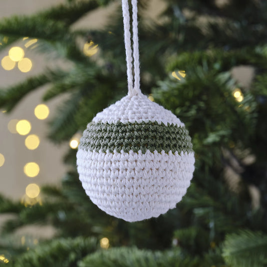 White & Green Crochet Cotton thread Round Bauble (D) 80mm Knitted