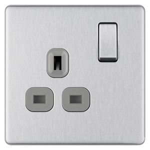 Colours Steel Single 13A Socket & Grey Inserts