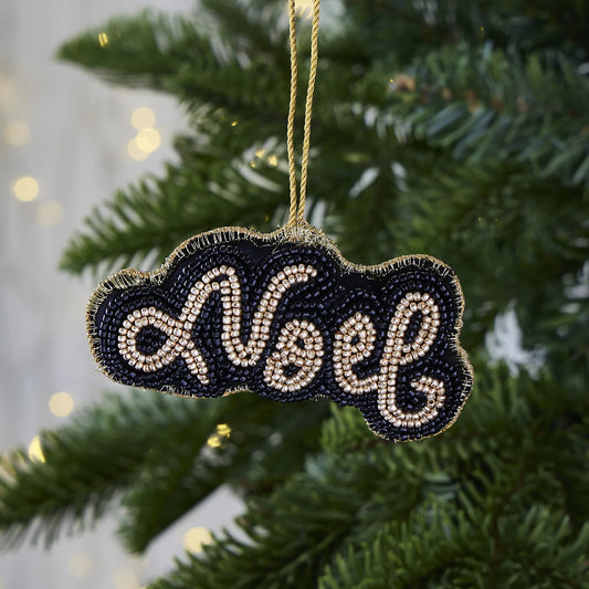 2 x Black & Gold Embroidered effect Noel Glass Hanging ornament
