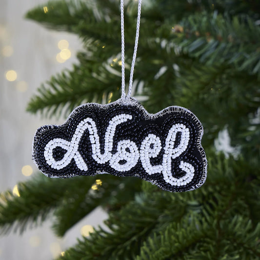 2 x Black & white Embroidered effect Noel Glass Hanging ornament