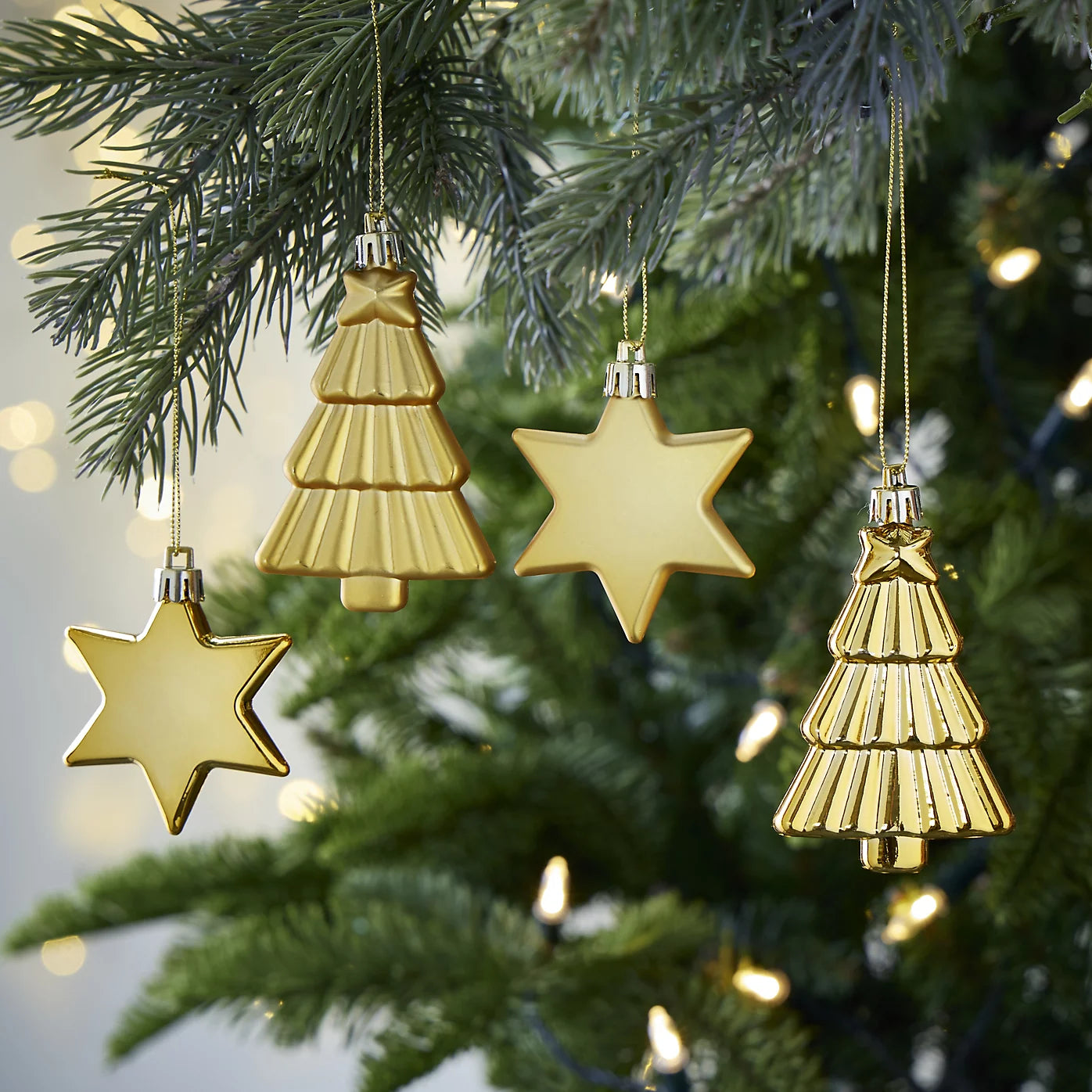 Gloss & matt Gold effect Star & Tree Hanging decoration set, Pack of 12