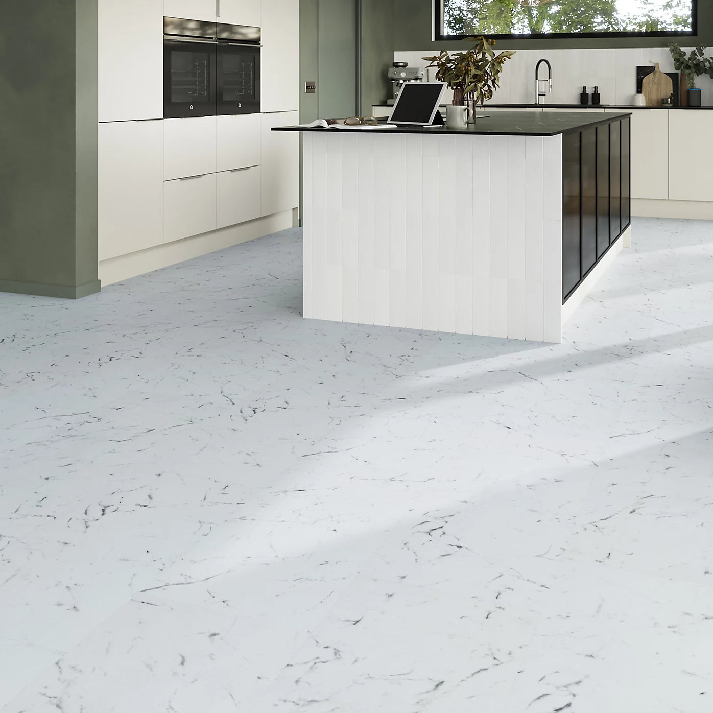 GoodHome Mambo White Natural Marble effect Textured Click vinyl Tile, 1.92m²