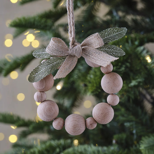 Natural Beads with leaf Metal & wood Round Hanging decoration (D) 100mm