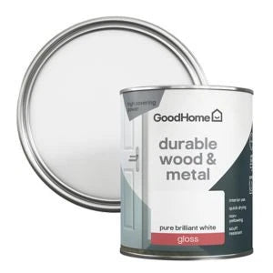 GoodHome Durable Gloss Paint 750ml – Pure Brilliant White, Metal & Wood Finish